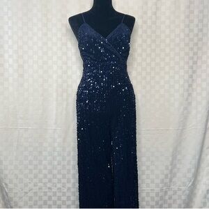 Lulu's Dazzling Demeanor Navy Blue Velvet Sequin Straight Leg Jumpsuit